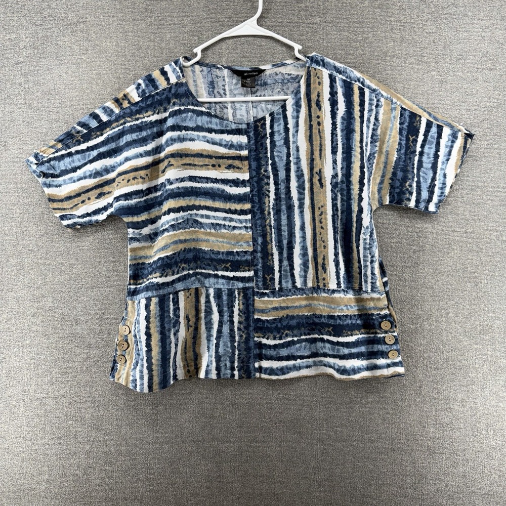 Ali Miles Blouse Top Women Size Medium Petite Blue Striped Short Sleeve Linen